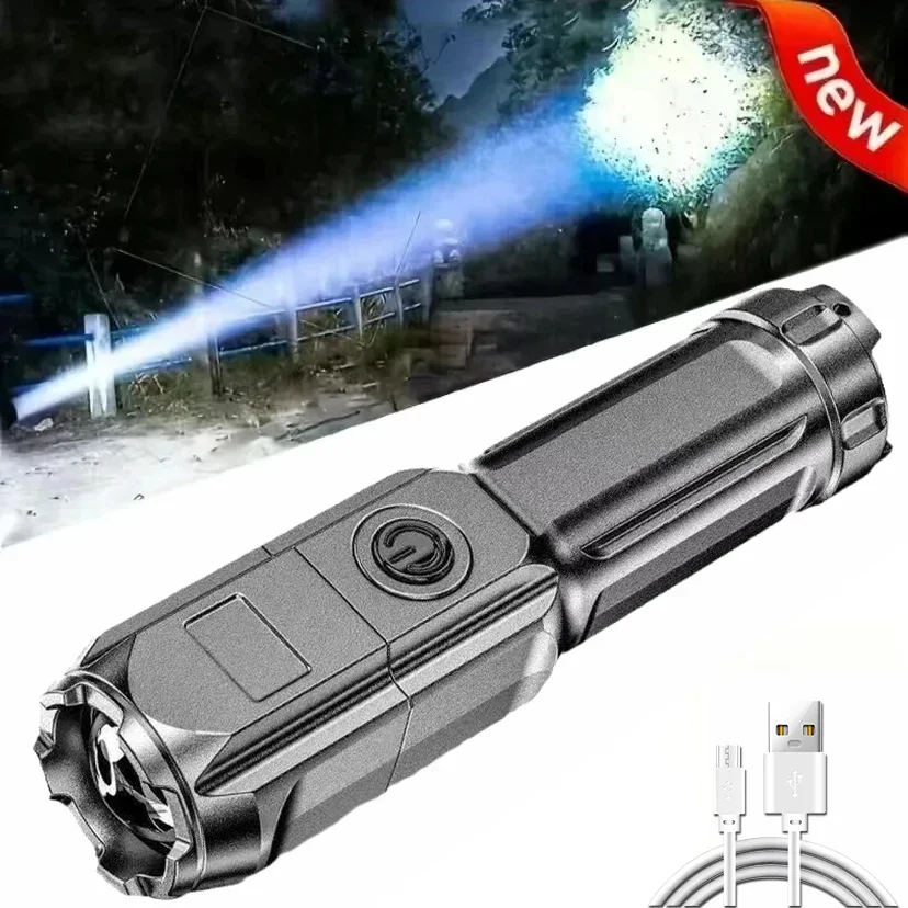 100000   Linterna LED potente de lúmenes, recargable por USB 18650, resistente al agua, con Zoom, para pesca, caza, táctica, Material ABS