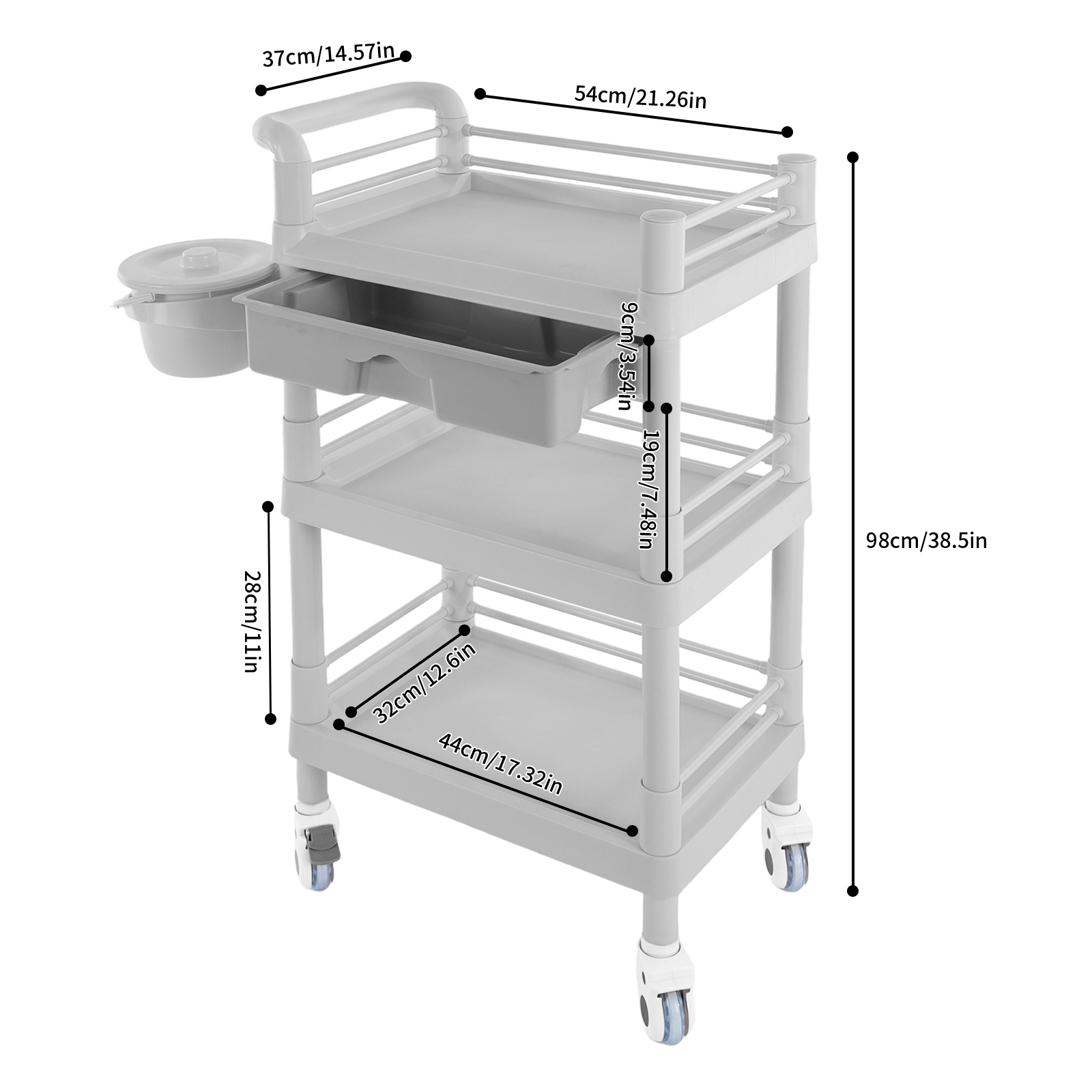 3-stöckiger Beauty-Trolley, Salonwagen mit Schublade und Abfallbehälter für Friseursalons, Beauty-Shops, Pet-Shops 54 x 37 x 98 cm