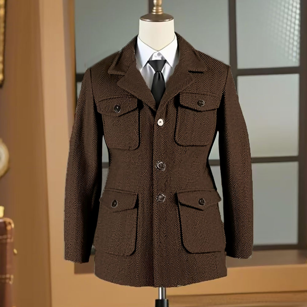 Охотничья куртка, британское мужское спортивное пальто в стиле ретро с несколькими карманами и поясом, деловой повседневный костюм с узором «елочка», пиджаки, смокинги