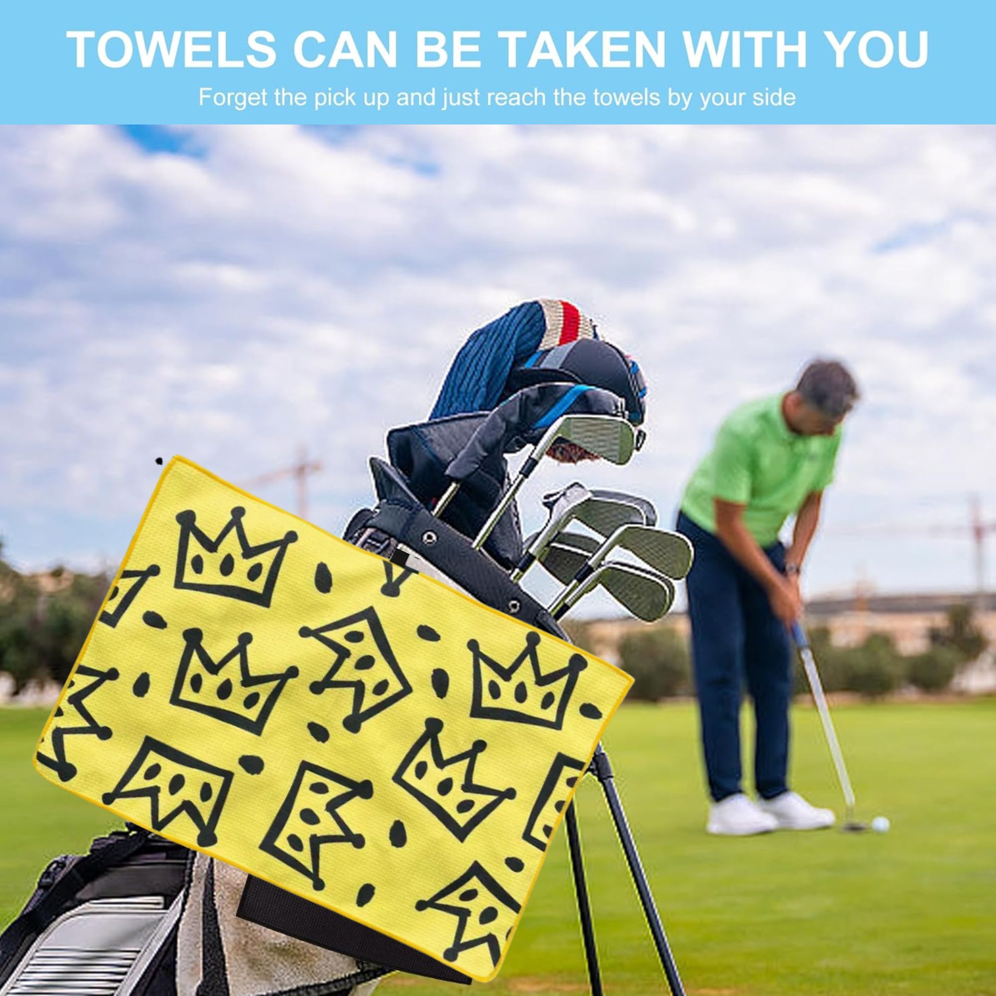 Divertida toalla de golf amarilla con estampado negro de palos de golf: ideal para bolsas de golf y regalo creativo para amantes del golf