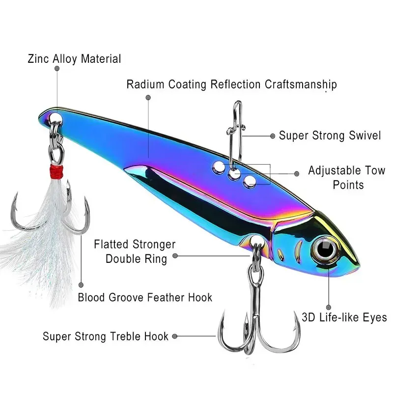Metal VIB All Water Layer Long Throw 20g Colorful Vibration Sequin Artificial 3D Eyes Sharp Trible Hook For Bass Fishing Tackles