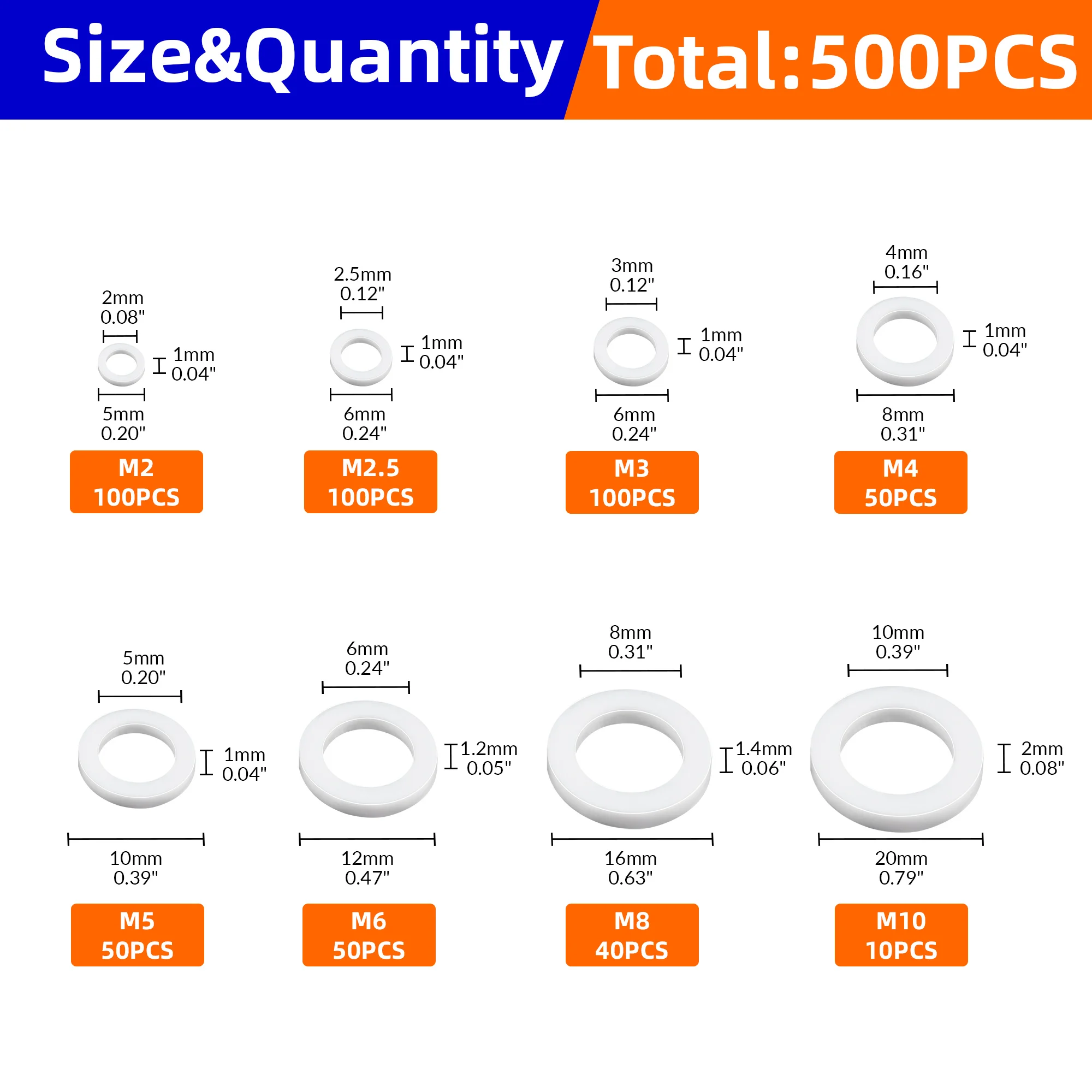 500 Uds M2 M2.5 M3 M4 M5 M6 M8 M10 arandela plana de nailon de plástico blanco junta plana tornillo perno aislamiento arandela Kit de montaje