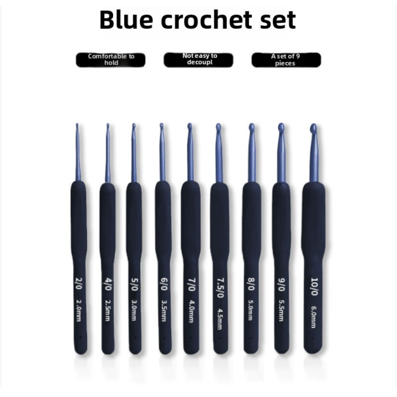 Neues gehäkeltes blaues Set mit weichem Griff, blaues Häkel-Set aus Aluminium mit Hakenkopf und 9 blauem Griff