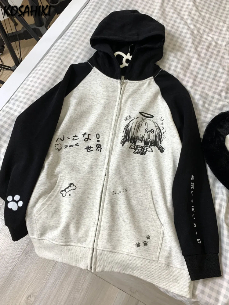 Japanische Kontrastfarbe Kapuzenoberteile Damen Y2k Ästhetischer Cartoon Print Grunge Hoodie Lässiges Reißverschluss-Sweatshirt Harajuku Streetwear