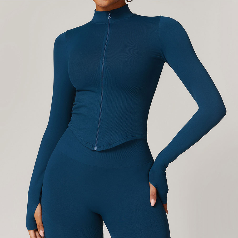 Chaqueta con cremallera para mujer, Tops cortos, camisetas de Yoga, Top deportivo liso, camisas para correr de manga larga, ropa deportiva Sexy de secado rápido para gimnasio y Fitness