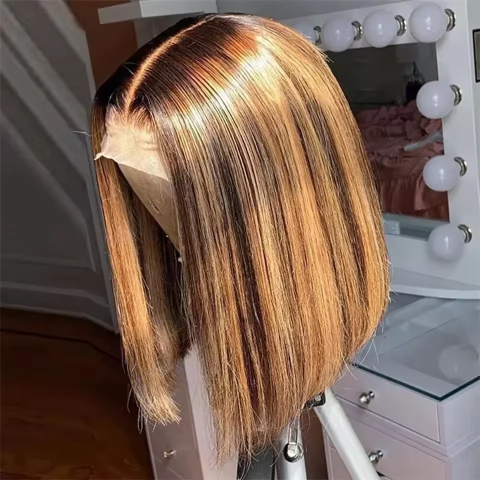 Peruca curta reta bob destaque 4/27 13x4 laço frontal cabelo humano bob perucas marrom loira transparente frente do laço peruca de cabelo humano