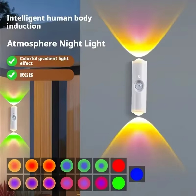 Luces LED de noche, lámpara de pared de puesta de sol de doble cabezal, Sensor de movimiento, luz ambiental RGB, armarios de pasillo de fiesta recargables por USB magnéticos