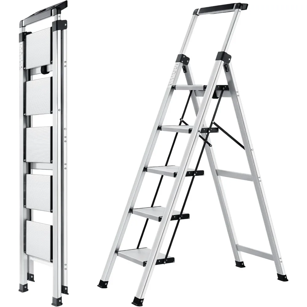 Retractable Handgrip Folding Step Stool with Anti-Slip Wide Pedal,Aluminum Stool Ladders 5 Steps,330lbs Safety Household Ladder