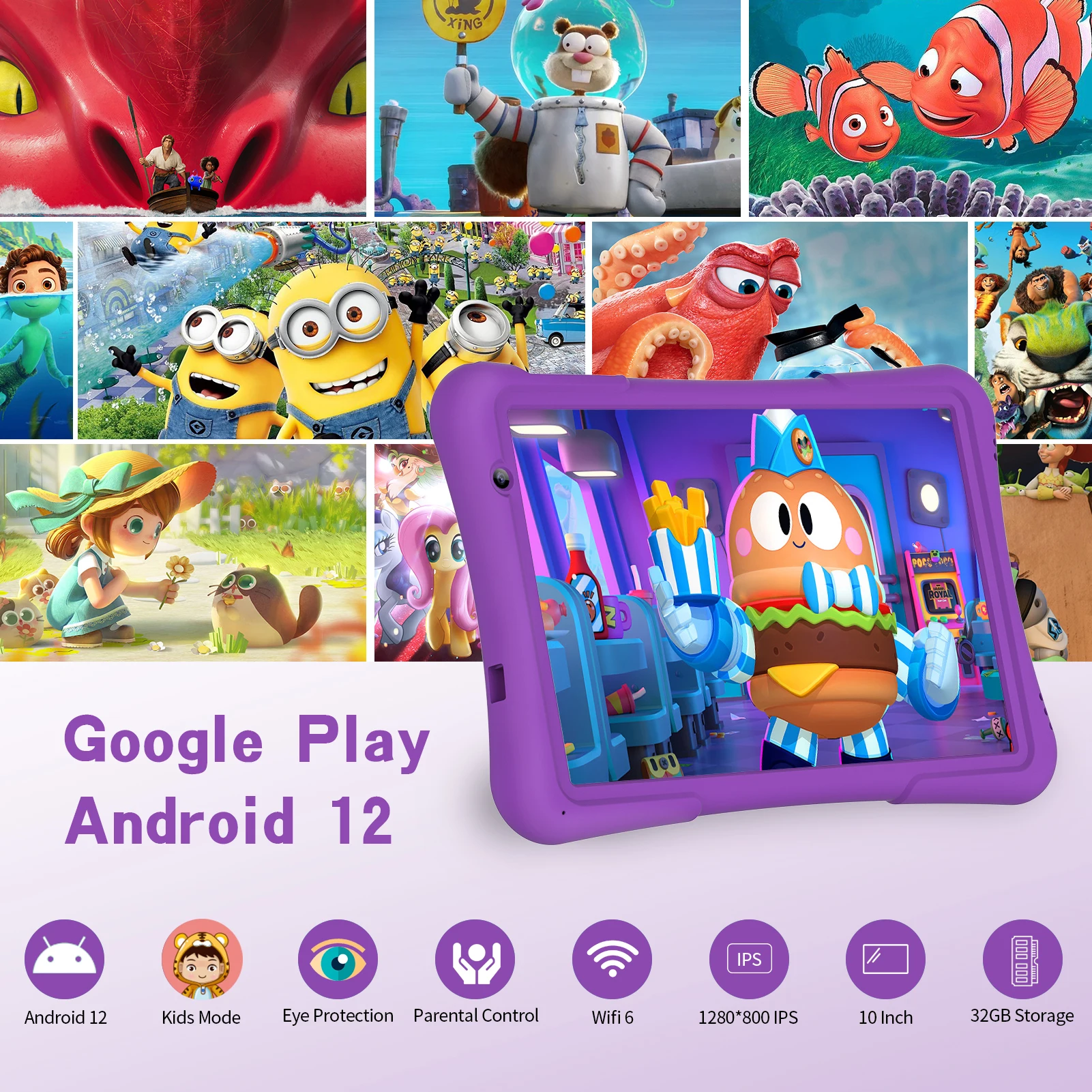 PRITOM 10-Zoll-Kinder-Android-Tablet, 4 GB (2+2)+32 GB, Quad Core, 6000 mAh, WiFi 6, Dual-Kamera, Bluetooth, Kleinkind-Tablet