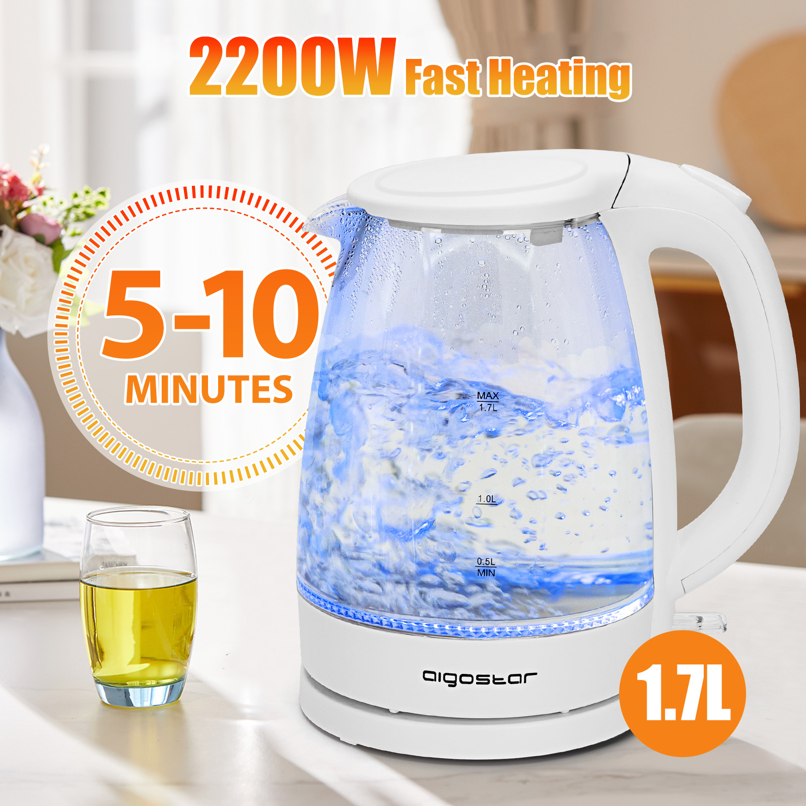 Hervidor de Cristal 1,7 L, Vidrio Borosilicato Hervidor de Agua Eléctrico con Iluminación LED, 2200W Ebullición Rápida con Libre de BPA, Filtro Antical, Apagado Automático, Base 360º, Negro