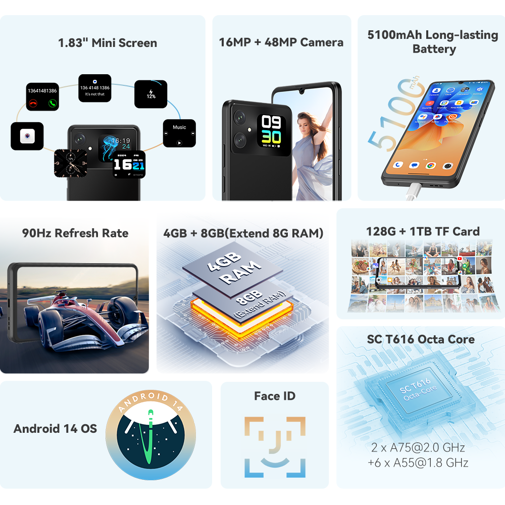 Cubot A20, Smartphone Android 14, 12GB RAM (4GB+8GB ampliados)+128GB ROM, Pantalla HD+ de 6.745 pulgadas y 90Hz, Batería de 5100mAh, Cámara de 48MP, Face ID, 4G celulares, OTG telefonos celular, smartphones