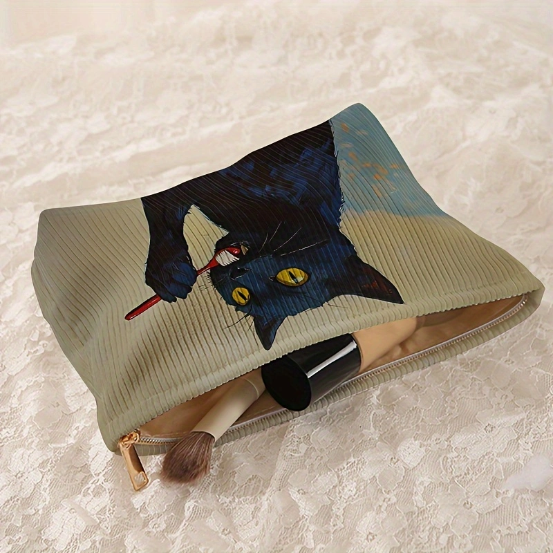 1pc，Black cat patterned corduroy makeup bag, lightweight zipper makeup storage box, multifunctional bag with lining