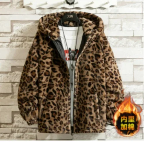 2024 Herren-Jacke mit Leopardenmuster, hübsche Kapuzenjacke aus Nerzimitat, mit Fleece gefüttert, warm