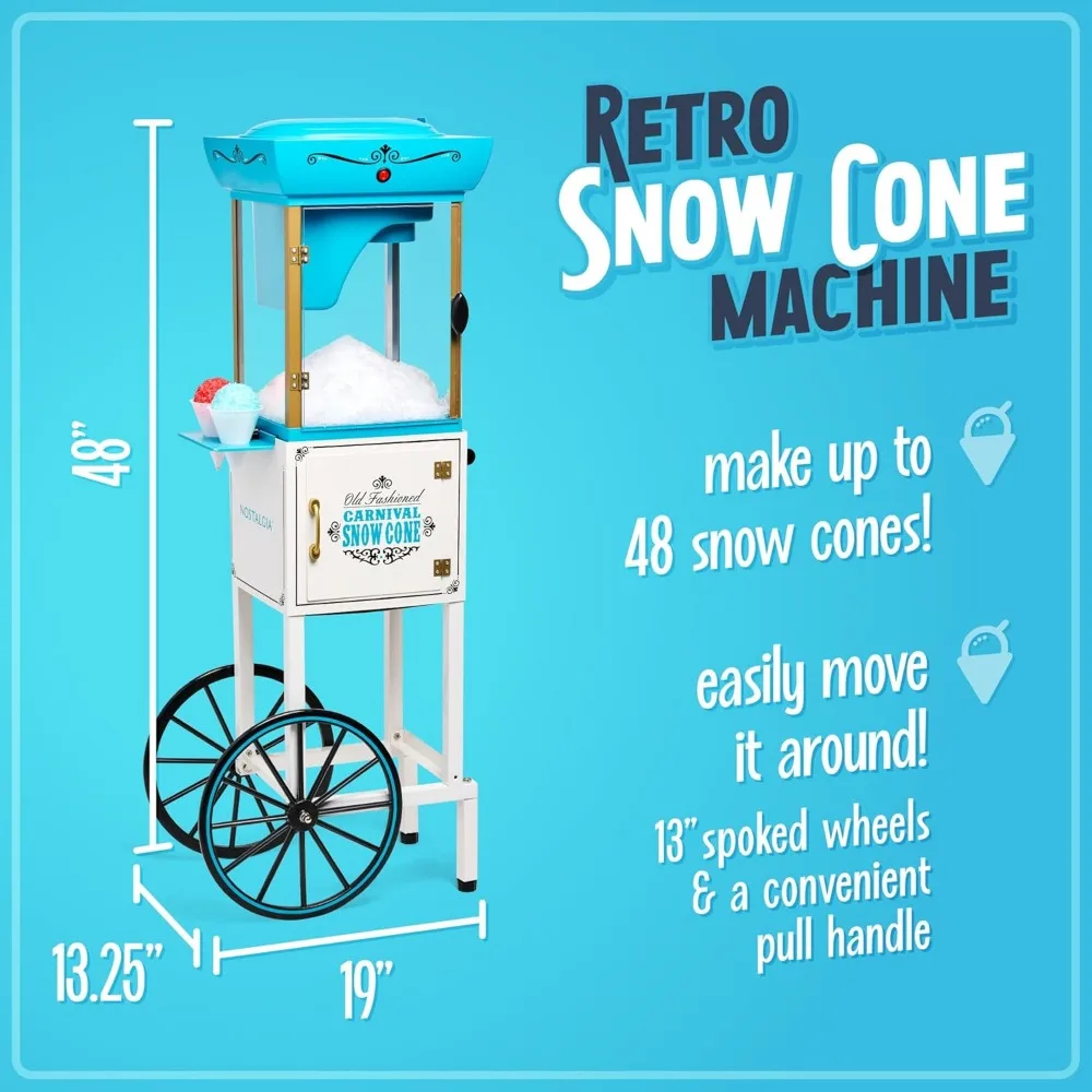 Snow Cone Shaved Ice Machine - Retro Cart Slushie Machine Makes 48 Icy Treats - Includes Metal Scoop, Storage