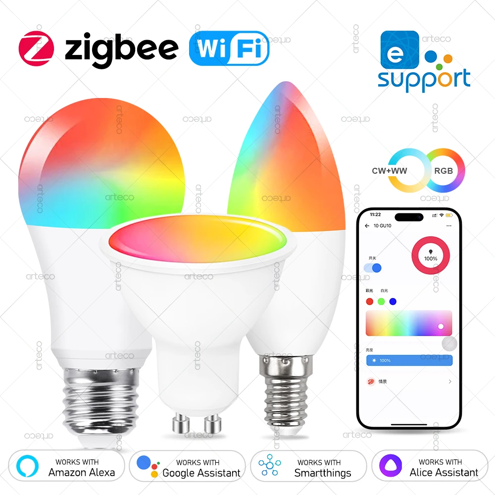 EWelink E27 E14 GU10 Lampadina intelligente WiFi Zigbee, lampadina a LED dimmerabile Lampada RGB CW Funziona con Alexa Amazon Google Home Yandex Alice