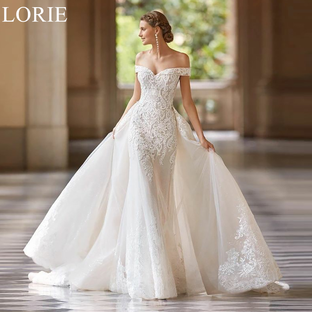 Lorie Boho aus der Schulter Brautkleid Spitze Applikationen Meerjungfrau abnehmbare Zug Plissee Braut Ballkleid 2024 Luxus Brautkleider