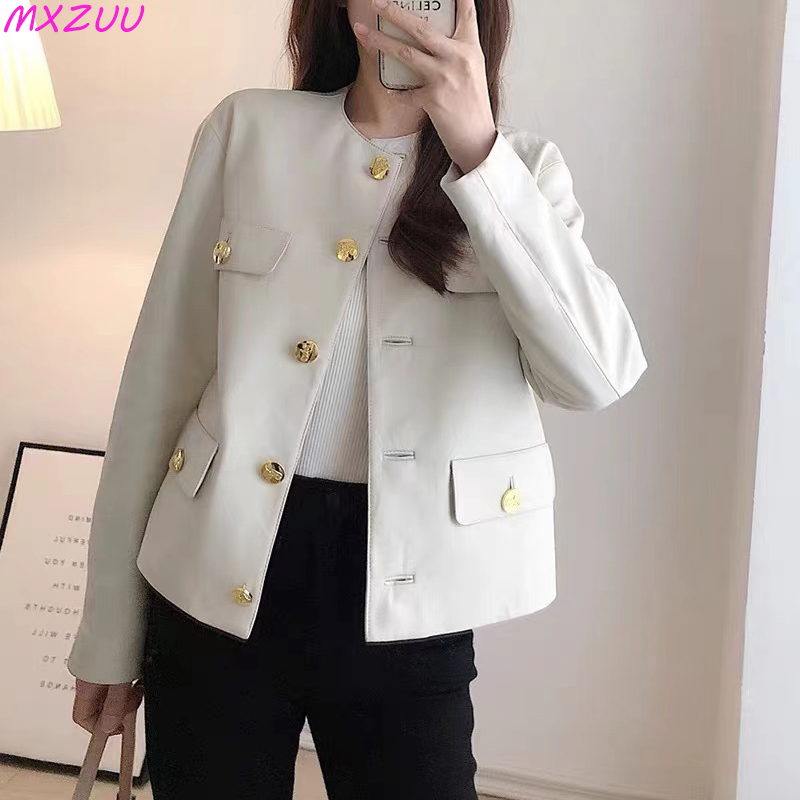 Automn roupas-女性用の白い本革のジャケット,丸いシープスキンのレトロなゴールドバックルネックライン