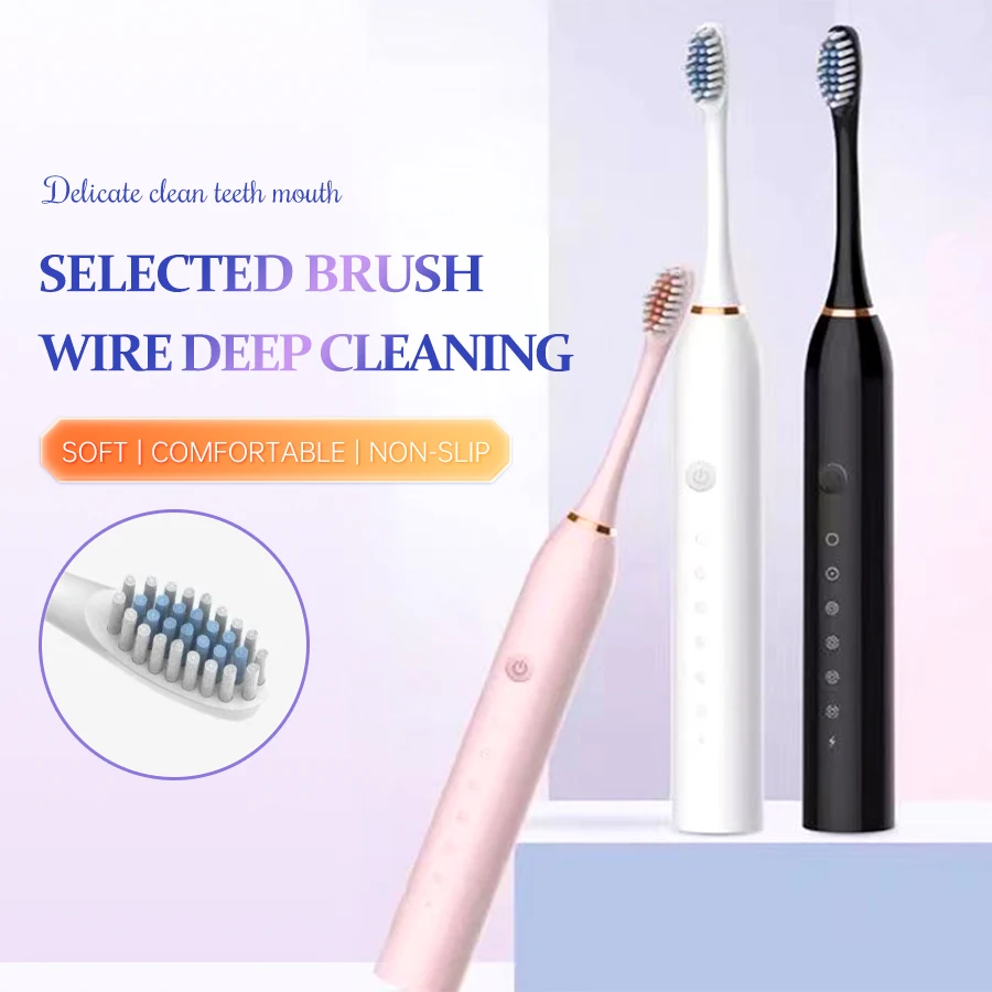 Cepillo de dientes eléctrico ultrasónico, modo de seis velocidades, pelo suave para el hogar, carga USB, limpiador de dientes impermeable para adultos, juego automático para parejas