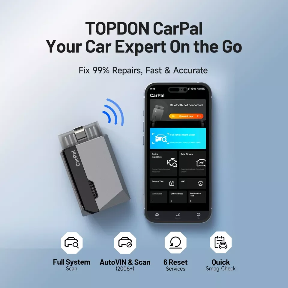 TOPDON CarPal OBD2 lector de código escáner Control de salud del coche Smog comprobar prueba de batería escaneo completo del sistema 6 servicios de reinicio