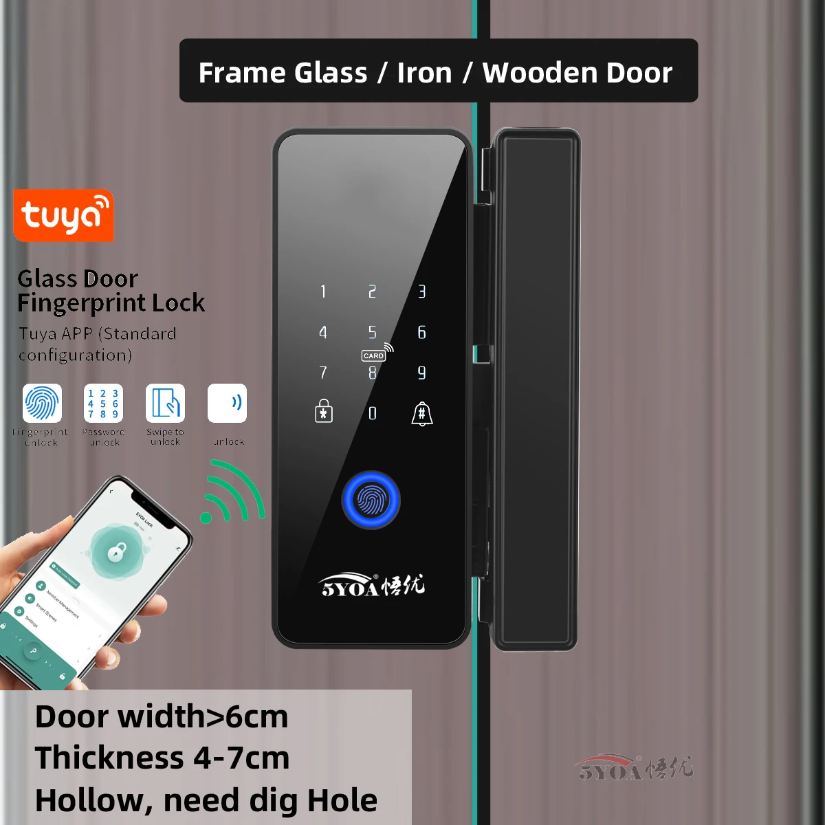Tuya Fingerabdruck-Türschloss für Holz, Eisenrahmen, Glas, Bluetooth, intelligentes elektronisches biometrisches Schloss, 13,56 MHz, RFID-Fernbedienung, Un