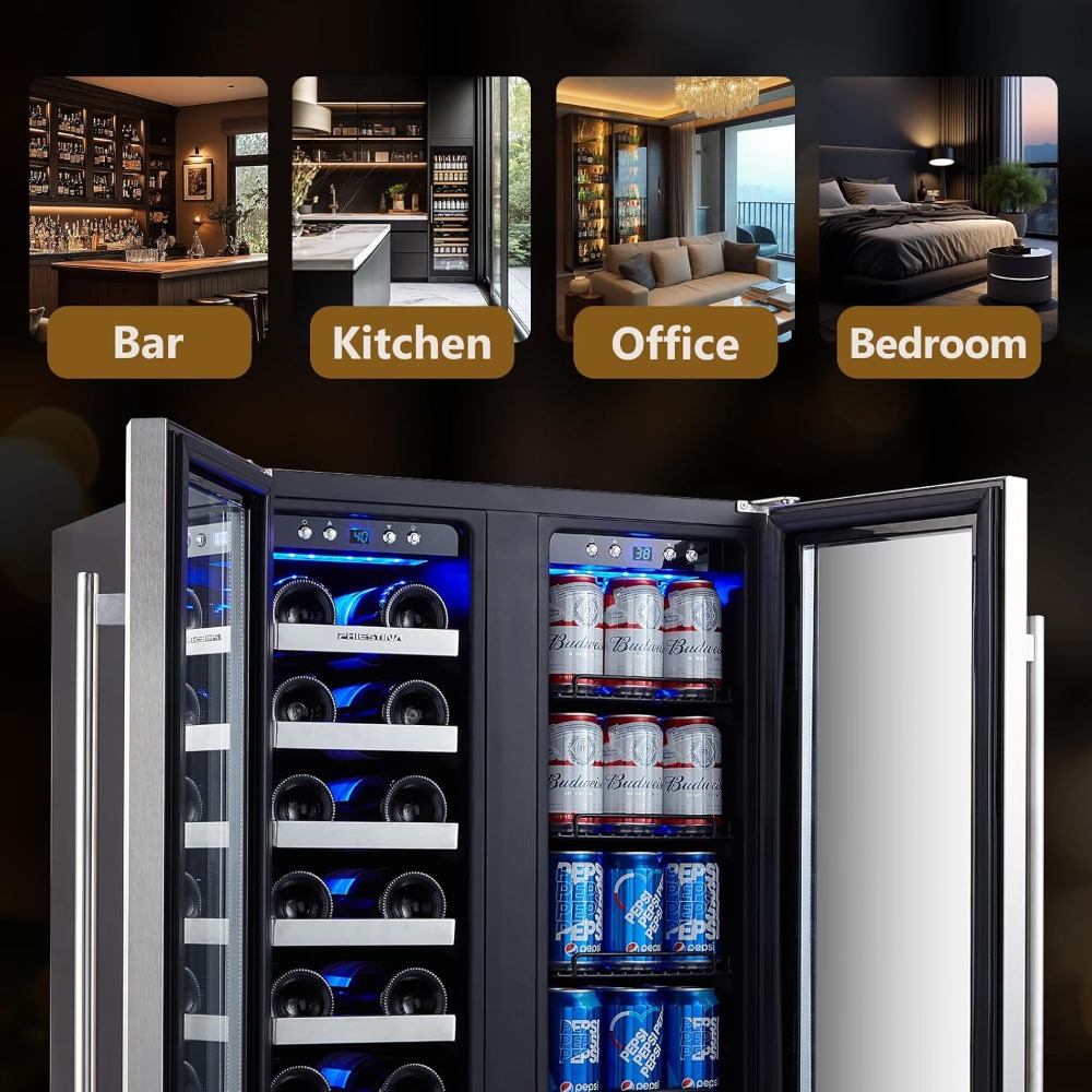 Wine and Beverage Refrigerator,24’’ Wine Cooler- 20 Bottles&78 Cans, Built-in/Freestanding Dual Zone Wine Fridge with Glass Door