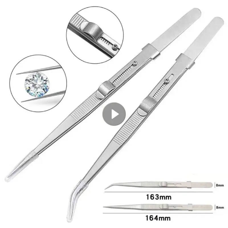 Pinça profissional de aço inoxidável, ajustável com fivela, trava deslizante, antiestática para pedras preciosas de diamante, ferramenta de precisão para fazer joias