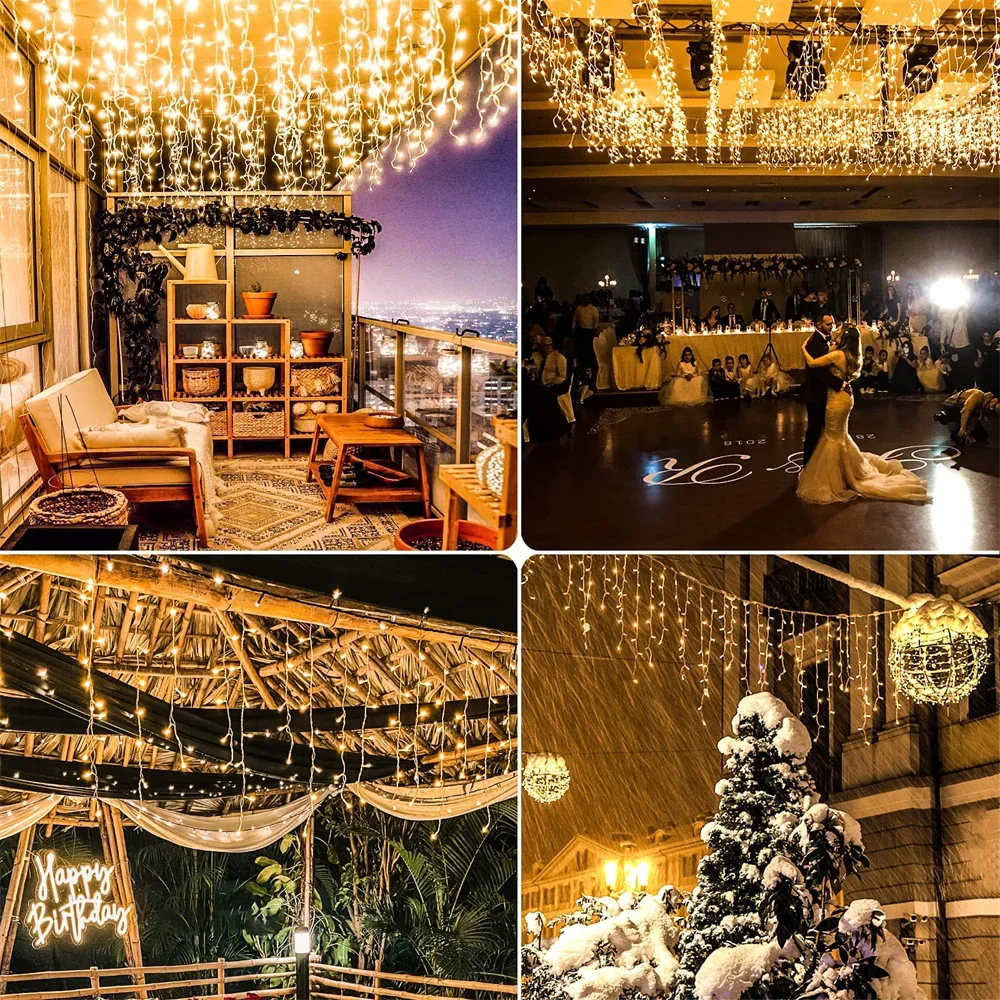 ตกแต่งคริสต์มาสสําหรับกลางแจ้ง LED Curtain Icicle String Light Street Garland บนบ้านฤดูหนาว 4-80M รอมฎอนตกแต่ง
