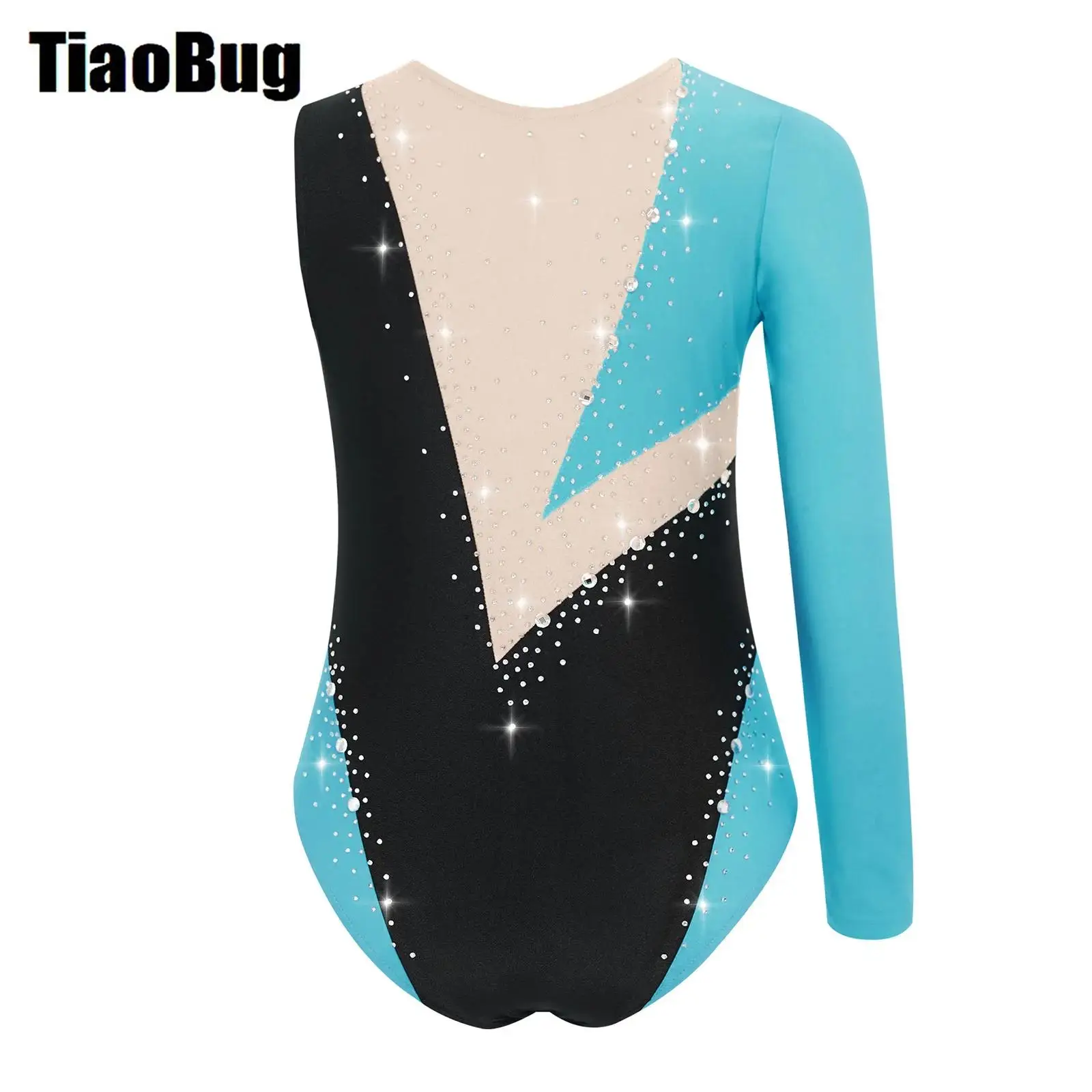 Gadis Senam Balet Leotard Dansa Figure Skating Kinerja Kostum Berlian Imitasi Blok Warna Asimetris Bodysuit Dancewear