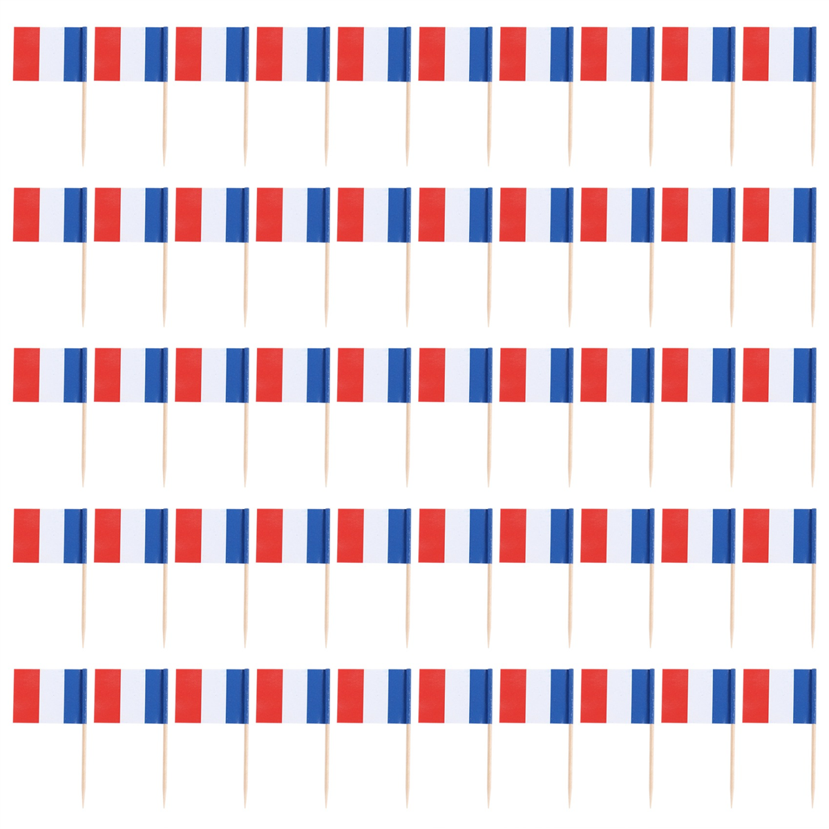 Mais novo lote de 50 peças mini palito de dente de madeira com bandeira para decoração de pastelaria de frutas de festa - França (azul, branco, vermelho)