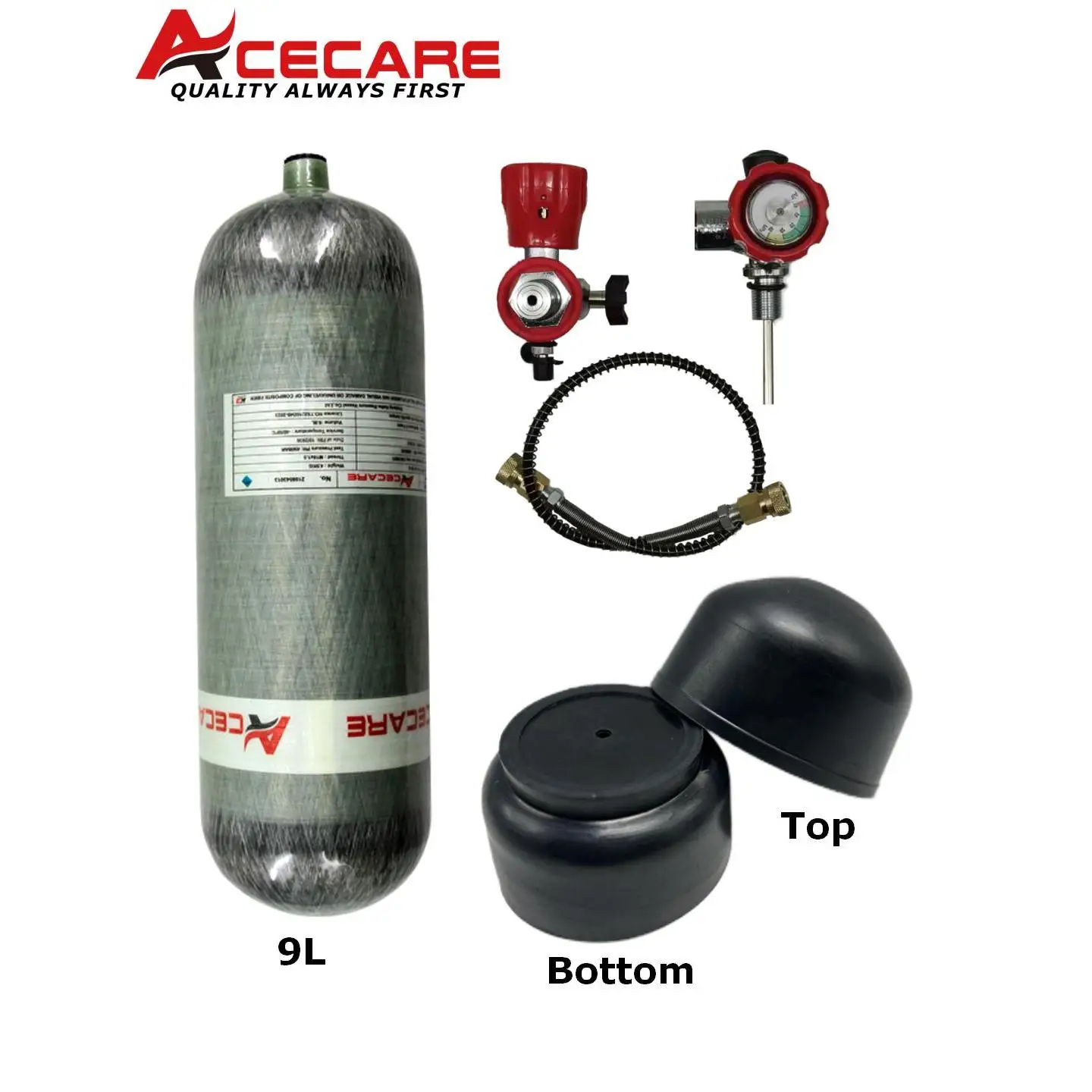 ACECARE 9L คาร์บอนไฟเบอร์กระบอกเติมสถานีควบคุมวาล์วป้องกันยาง 300Bar 4500Psi ถังแรงดันสูง