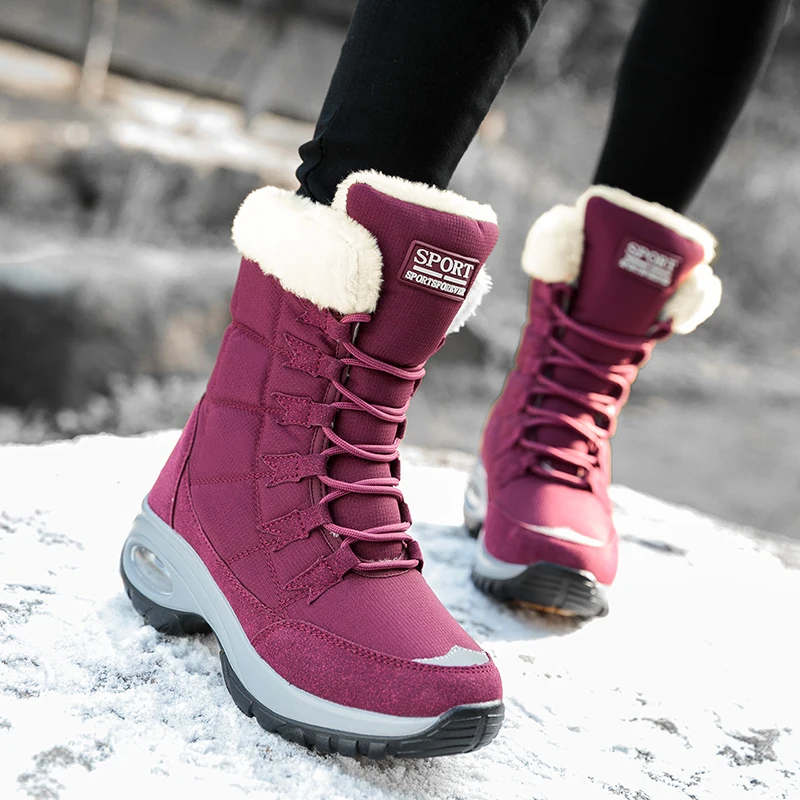 Botas de senderismo de invierno, zapatos para mujer, botas de nieve cálidas de piel con plataforma, impermeables, cómodas botines para exteriores para invierno