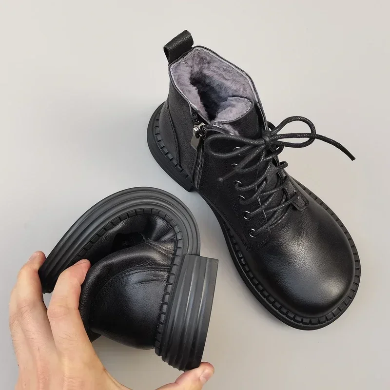Botas cortas informales de piel auténtica para mujer, botines de lana cálida con cabeza ancha, hechos a mano, Careaymade-100 %