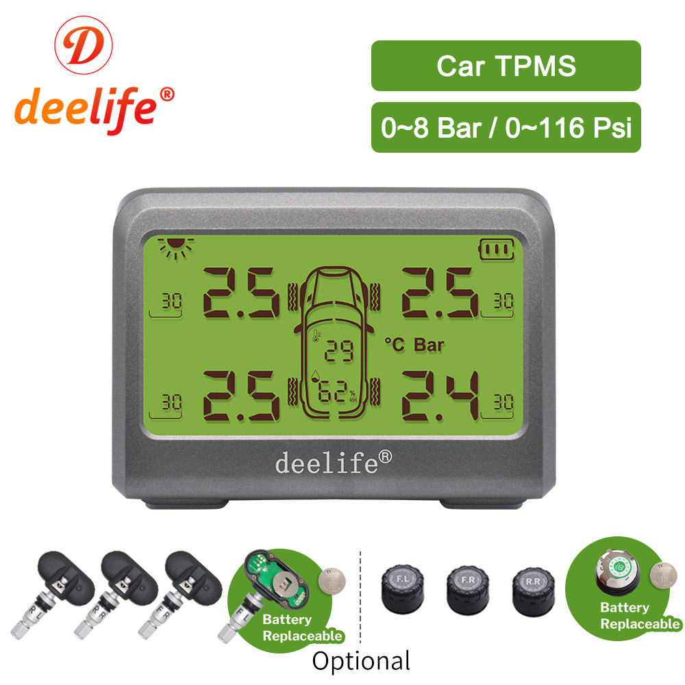 Deelife TPMS Солнечная система контроля давления в автомобильных шинах 0-8 бар TMPS Внутренний внешний датчик для колесных шин