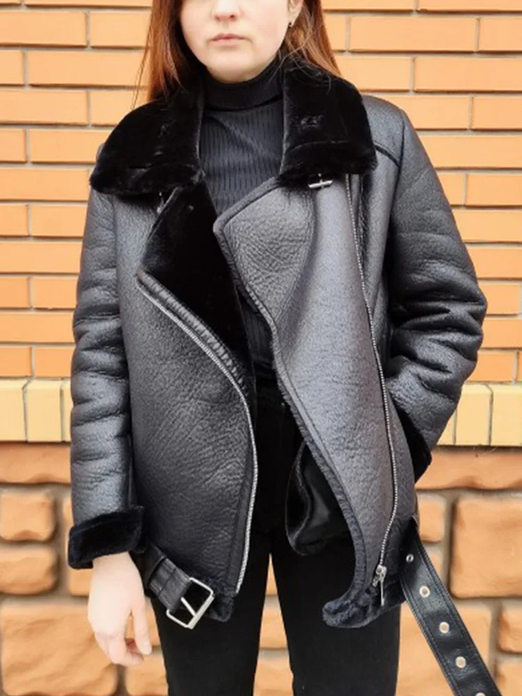 Frühling Mäntel Frauen Dicke Faux Leder Pelz Schaffell Weibliche Pelz Leder Jacke Aviator Outwear Casaco Feminino