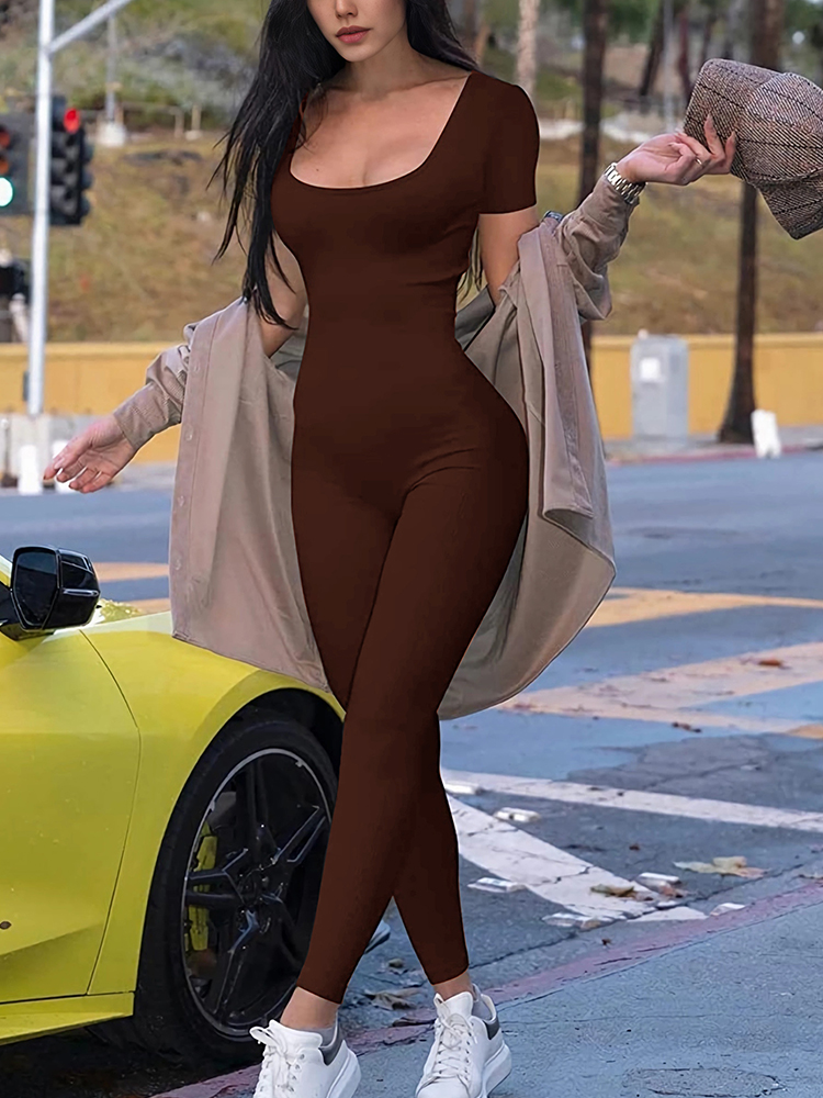 Damen Stram pler Kurzarm solide dünne Bodycon Overalls Mode Sport Fitness Casual Aktivität Streetwear Overalls