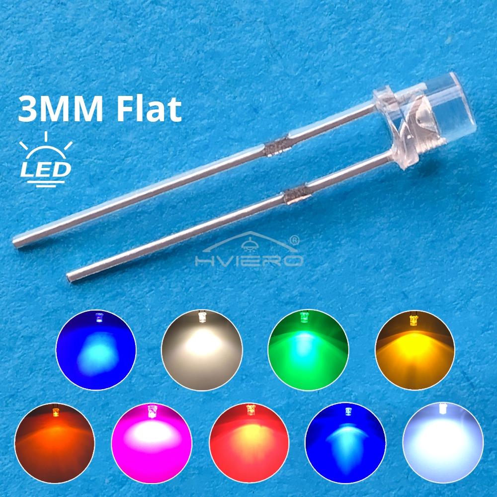 플랫 헤드 밝은 LED 장식 전구, 물 맑은 광각 발광 다이오드 램프, 100X F3, 3mm, 2 핀, 화이트, 레드, 옐로우, 블루