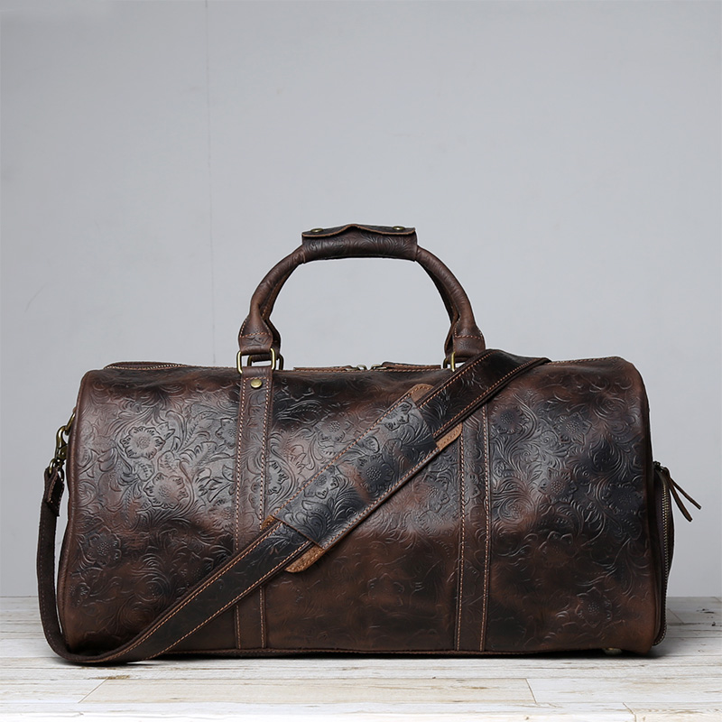 Bolso de mano Vintage en relieve de cuero de alta capacidad para un viaje corto, cinturón de cuero Baotou, compartimento para zapatos, bolsa de lona para ropa, bolsa de gimnasio