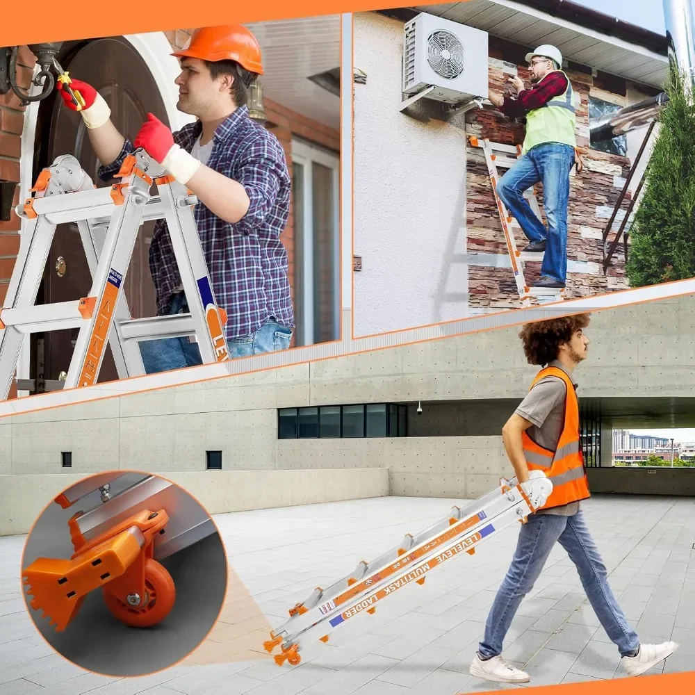 A Frame Step Ladder,Extension Ladder with Stabilizer Bar & Wheels,330 lbs Security Load Multi Position Ladder for Stairs Home