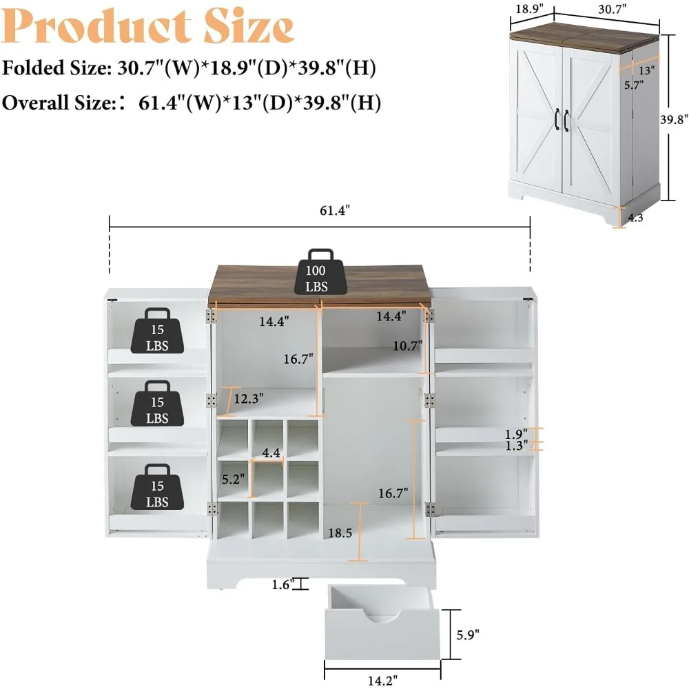61" Farmhouse Bar Cabinet with 9 Wine Racks, Folding Storage Wine Liquor Cabinet, Expandable Coffee Bar Station with Drawer