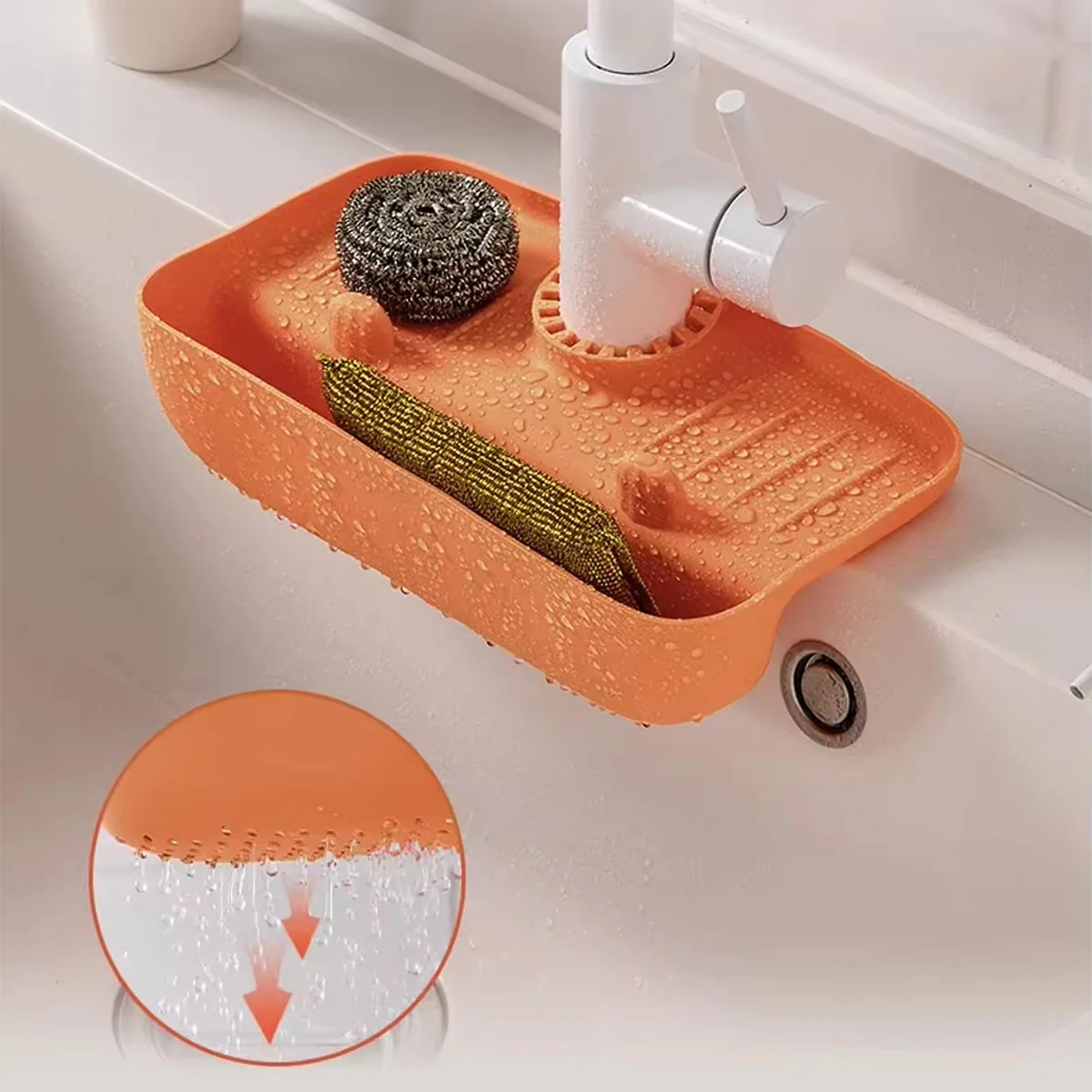 Rack de drenagem de pia de silicone, torneira doméstica à prova de respingos, almofada de coleta de água, pano de esponja, caixa de armazenamento de dispositivos de lã de aço
