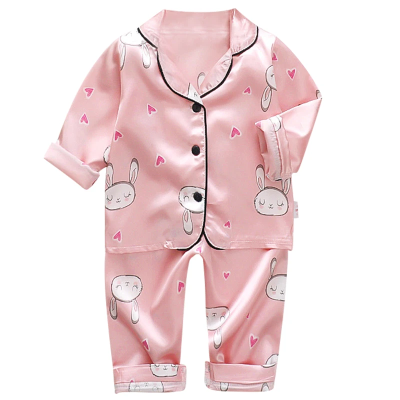 Versione coreana del pigiama per bambini set top a maniche lunghe in raso di seta + pantaloni set in tinta unita per bambina in due pezzi