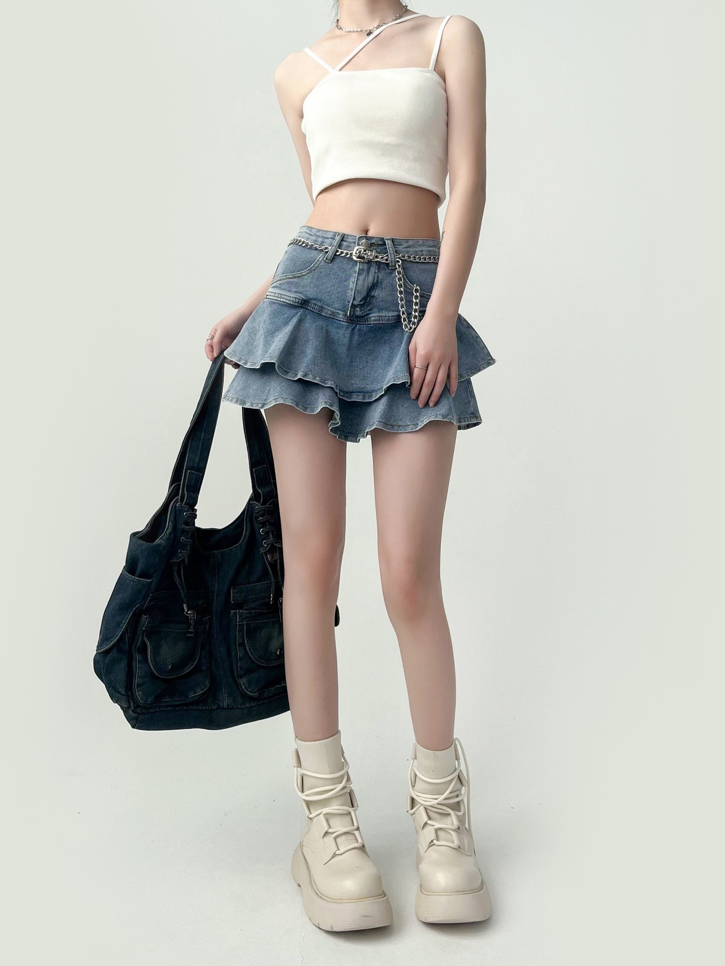 Spice Girls Denim Rok Antislip Dubbele Denim Rok Dames Stretch Hoge Taille Afslankende A-lijn Taartrok