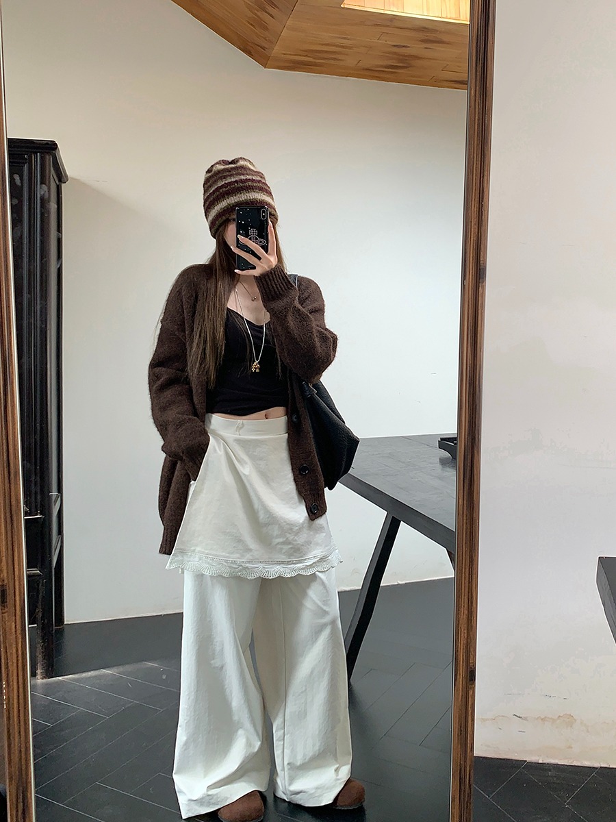 High Waist Wide Leg Straight Leg Pants Women's Spring Autumn New Sle Casual Lace Splicing Pants Loose Fit Floor Length