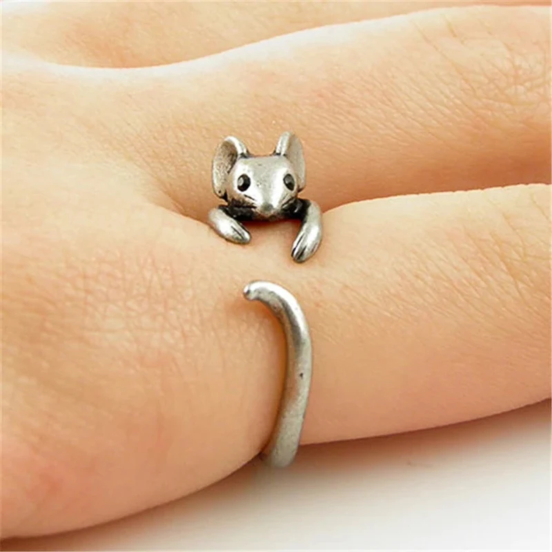 Huitan Vintage Mouse Animale Anello di Barretta per Le Donne Argento Antico Colore Gotico Ragazze Knuckle Anelli Regalo di Fantasia 2023 Gioielli Caldi