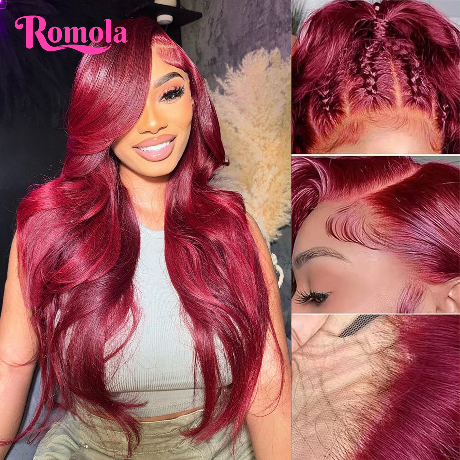 正面レース付きナチュラルヘアウィッグ,バーガンディHD,カラー99j,13x4,ボディウェーブ,赤,30インチ,13x6,アフリカの女性向け