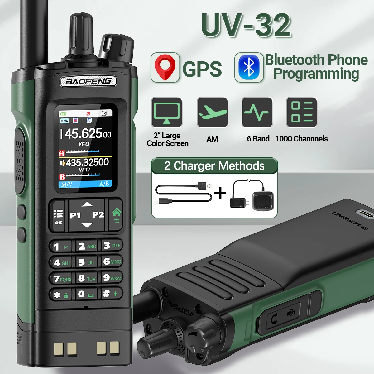 BAOFENG UV-32 GPS Walkie Talkie Air Band 10W 1000CH Long Range Bluetooth Programmierung Zwei Weg Radio Für Jagd Hotel flüchtig