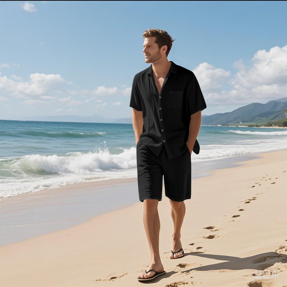 Neues Sommer-Herren-Retro-Hemd-Set aus Baumwolle und Leinen, modisches Strand-Kurzarmhemd und Shorts mit Reversknöpfen und zweiteiligem Set