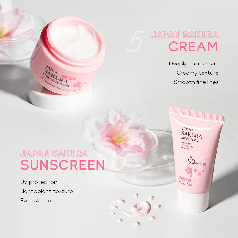 LAIKOU Sakura-Juego de brillo para el cuidado de la piel, protector solar blanqueador hidratante, 6 uds.