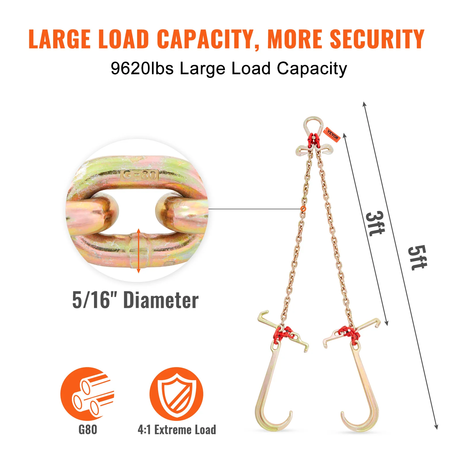 VEVOR V-Chain Tow Chain Bridle 9620 lbs Working Load Limit 5/16'' x 3' G80 with RTJ Cluster Hooks & D-Shackle for Lifting Moving