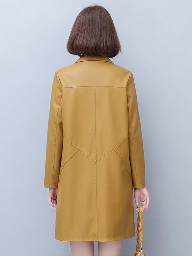 Neu Frauen Frühling Herbst Ledermantel Lässig Mode Plus Baumwoll-Futter Mittellang Lose Schafsfell Trenchcoat Mutter Oberbekleidung